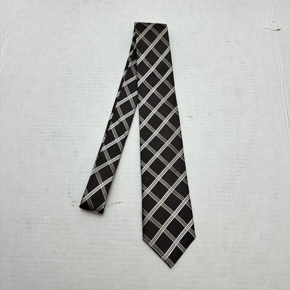 Bugatchi Men's Tie, 100% Silk Italy - Brown Grey Silver Geometric Stripe - Picture 2 of 9